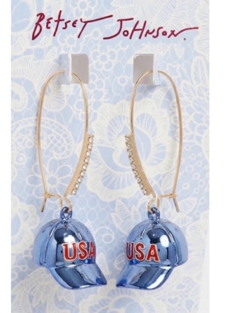 NWT BETSEY JOHNSON BLUE AMERICANA USA BASEBALL CAP HAT  EARRINGS